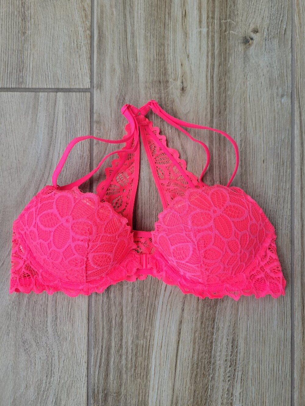 VS PINK Neon Pink Floral Lace Date Racerback Push-Up Bra • 34B
